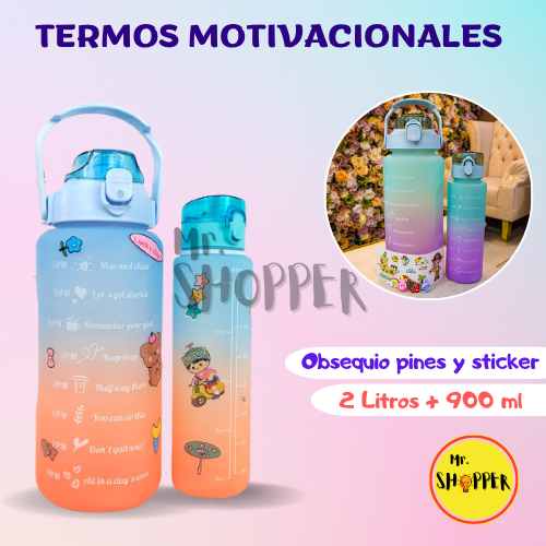 Kit Tres Termos Botella De Agua Motivacional Con Pitillo + Sticker